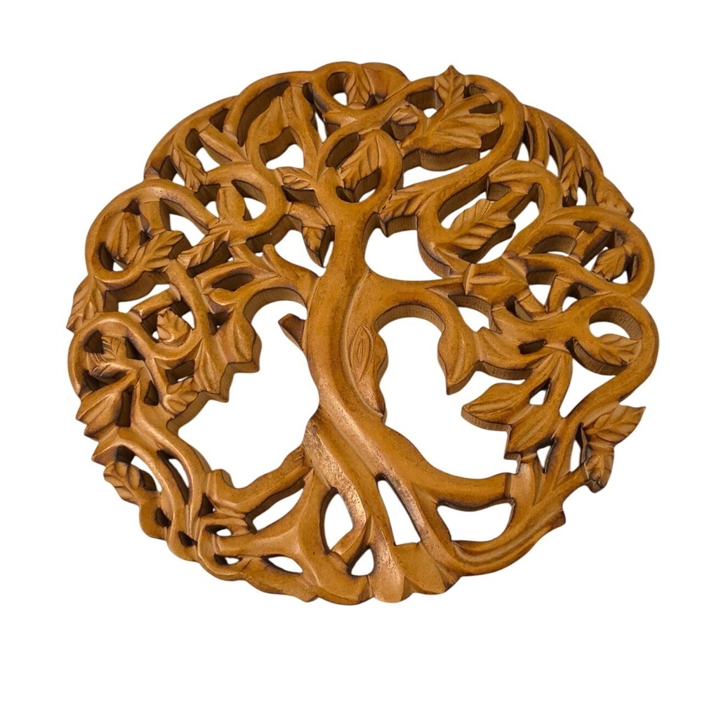 Hand Carved Wooden Tree of Life Wall Art Round Hanging Plaque 12 Inch